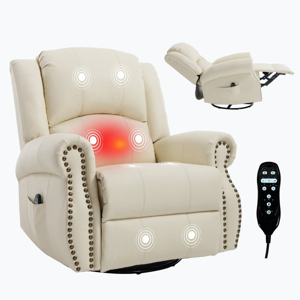 English Elm Heat Massage Rocker Swivel Recliner Chair with Lumbar Relief Nodes for Living Room Beige W3224S00028