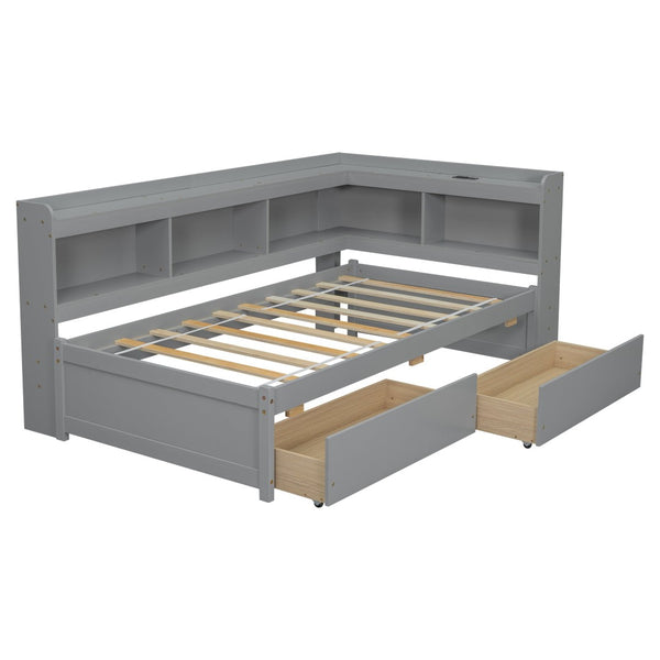 English Elm Twin Size L-Shaped Bookcase Bed With Usb Charging, Drawers, And Stylish Grey Finish For Modern Rooms W504S00218-GIGA