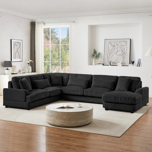 English Elm 129" Oversized Sectional Sofa U-Shaped Corduroy Chaise Lounge with Curved Armrests Plush Foam Comfort Black N719S001690B