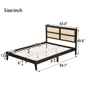 English Elm Queen Rubberwood Bed with PE Rattan Headboard, Espresso Finish, Solid Frame, 14 Slats, 300lb Capacity W504P252031