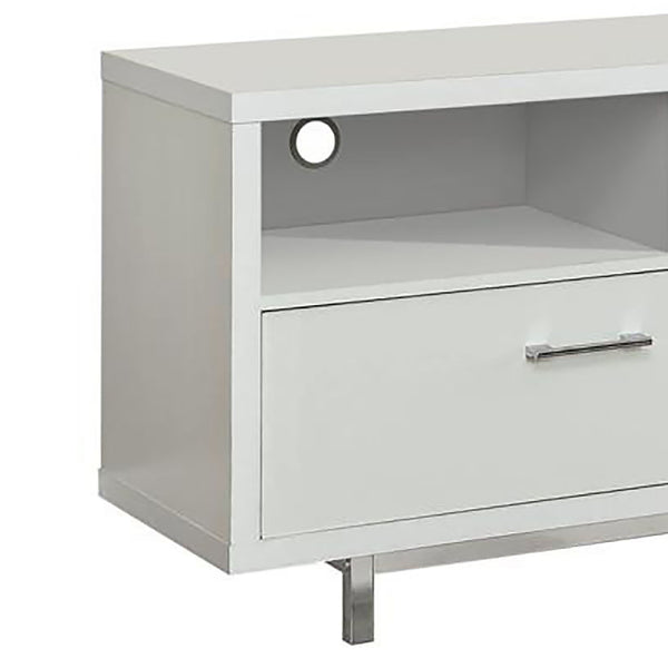 English Elm White Modern 60" TV Console with 2 Drawers & 3 Open Cubby Shelves, Chrome Legs, Sleek Storage Elegance B062P153846