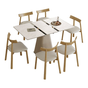 English Elm Retractable Rock Slab Dining Set with Leather Wrapped Base for Compact Apartments W2700S00100