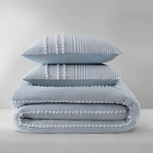 English Elm 3-piece King Yarn Dyed Cotton Duvet Set with Pompom Jacquard Stripe Percale Reverse Blue B035P482897