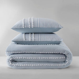 English Elm 3-piece Cotton Yarn Dyed Duvet Cover Set with Jacquard Pompom Stripe Bedding Blue B035P482896