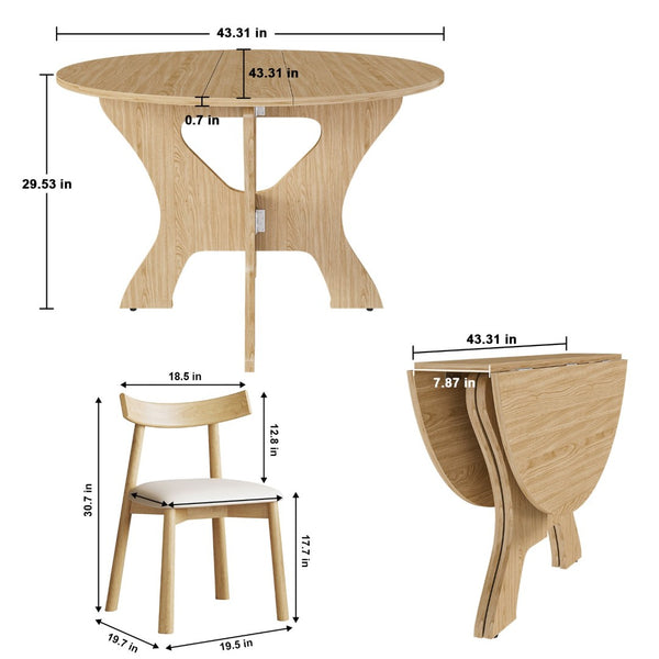 English Elm 43 Inch Foldable Mdf Dining Set with Pu Cushioned Solid Wood Chairs Space Saving Ancient Oak W2700S00115