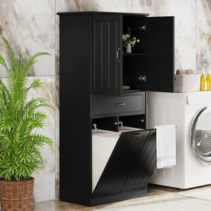 English Elm Christopher Knight Home® - Bathroom Storage Cabinet with Doors Drawer & Dual Laundry Baskets, MDF Build, Adjustable Shelf, Anti-Tip Device Black N759P243350B