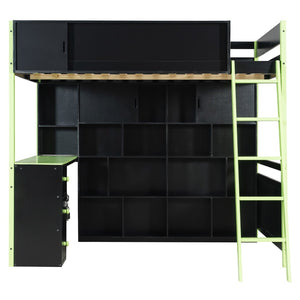 English Elm Full Size Gaming Loft Bed with Led Lighting Desk Drawers and Display Shelving Green LT000263AAF