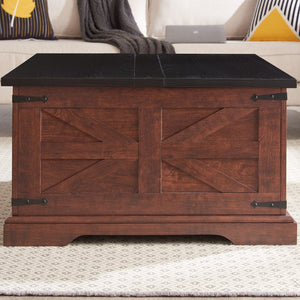 English Elm Farmhouse Rustic Coffee & End Table Set with Hinged Lift Top, Oak Grain MDF, Black Metal Accents W2275S00012