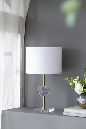 English Elm D14x25.2" Gold Table Lamp with Agate Slice on Acrylic Pedestal, White Drum Shade, Modern Accent Decor W2078P395818