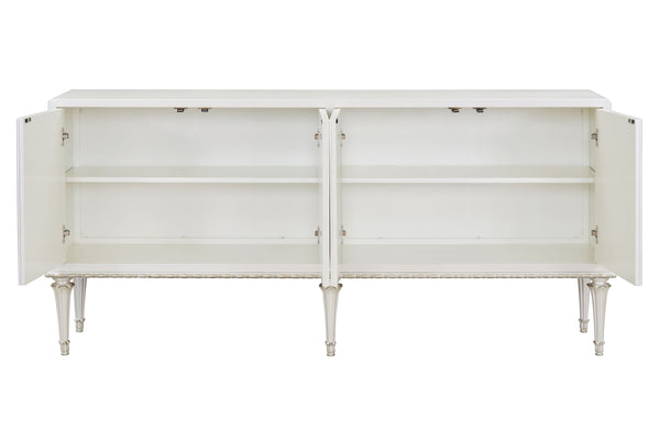 English Elm Ansaldo Pearl White Console Cabinet with Silver Shimmer, French Provincial Glass Doors & Turned Legs B2726P285786