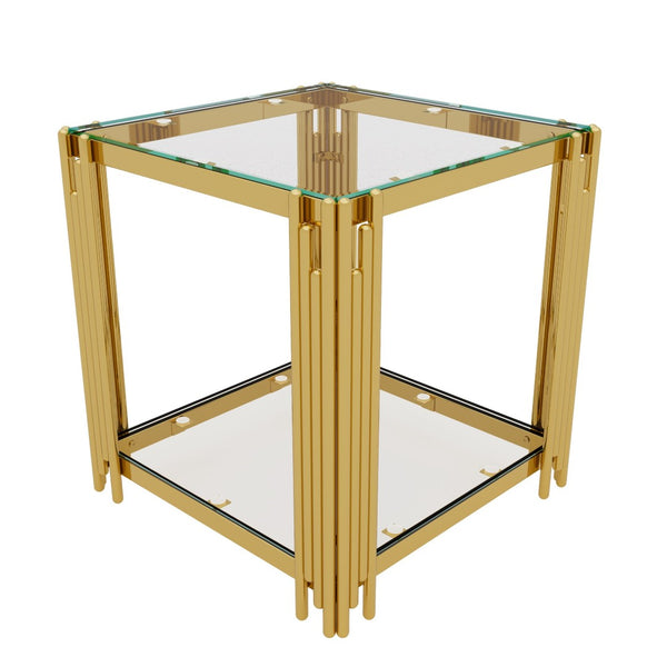 English Elm Modern Glam Rectangular Coffee Table with Mirrored Top Gold Sculptural Frame Open Shelf Transparent N735P380101K