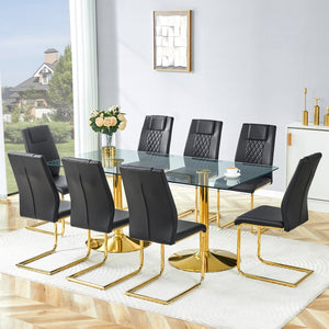 English Elm Table and Chair Set 8 Seater Tempered Glass Top with Pu Leather Dining Room Furniture Black,Gold,Transparent W1151S04561