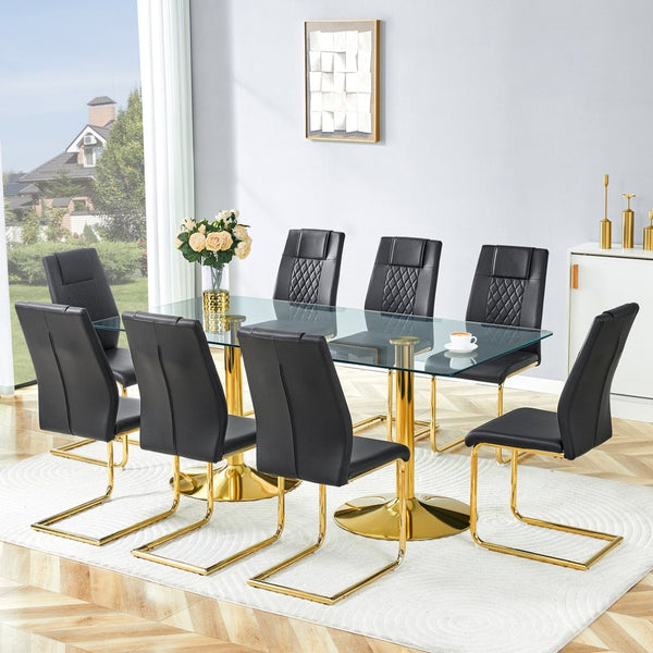 English Elm Table and Chair Set 8 Seater Tempered Glass Top with Pu Leather Dining Room Furniture Black,Gold,Transparent W1151S04561