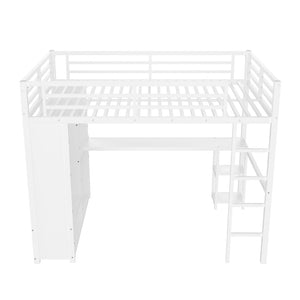 English Elm Queen Size Loft Bed Frame With Wardrobe, Desk & Storage Shelves - Modern Metal Design In White W1580S00123-GIGA