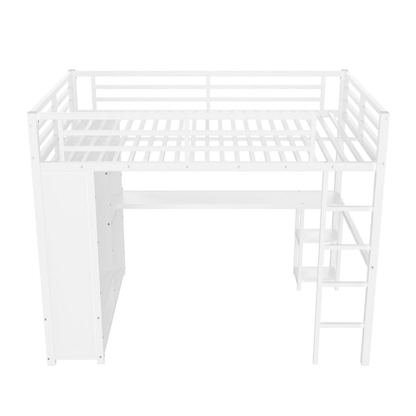 English Elm Queen Size Loft Bed Frame With Wardrobe, Desk & Storage Shelves - Modern Metal Design In White W1580S00123-GIGA