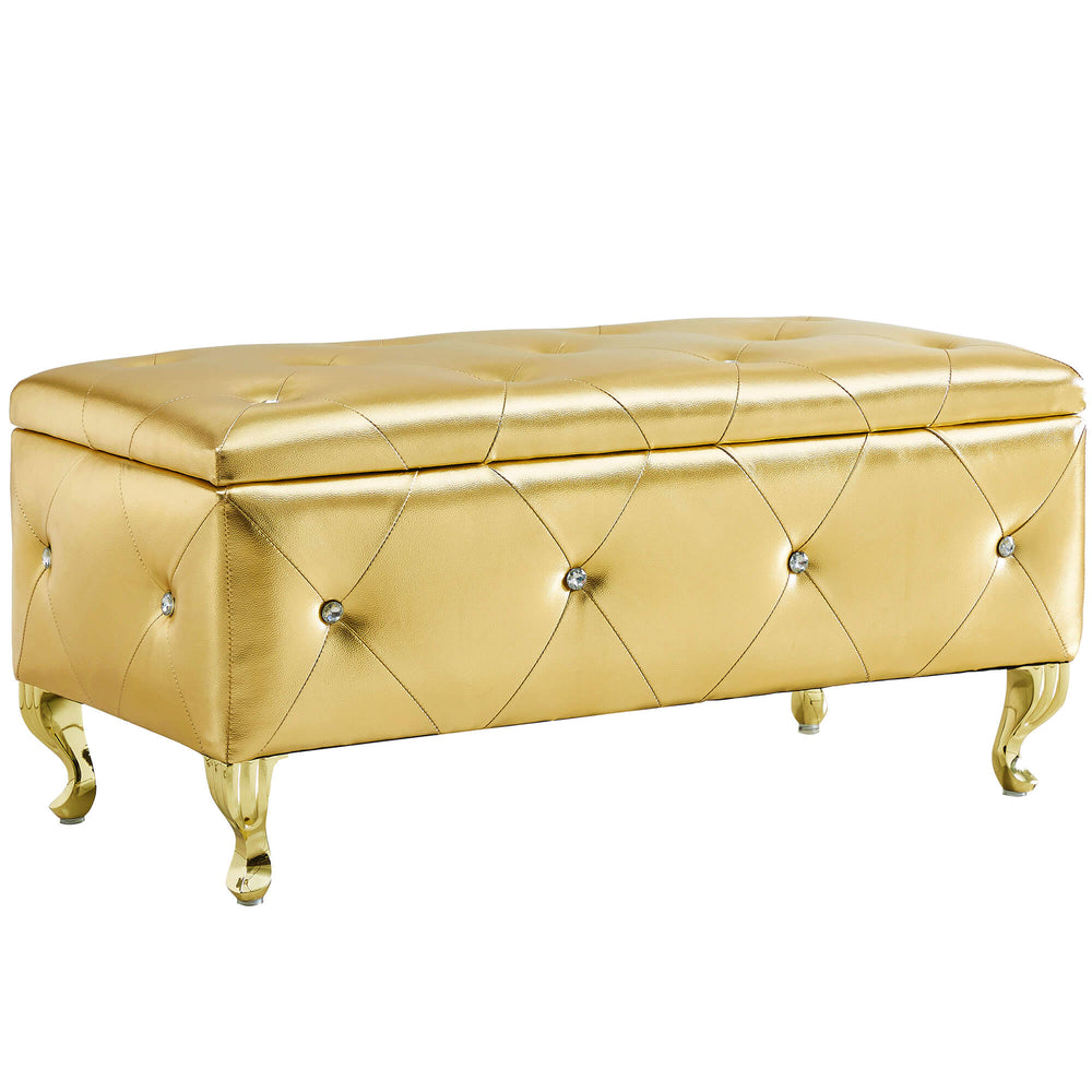 English Elm Upholstered Gold Faux Leather Storage Ottoman Bench with Crystal Buttons, Metal Legs, Safety Hinge, 38.6" L W2268P291485