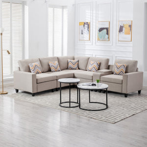 English Elm Nereo Six Piece Modular Sectional Beige Linen with Built in Charging Console B2749S00124
