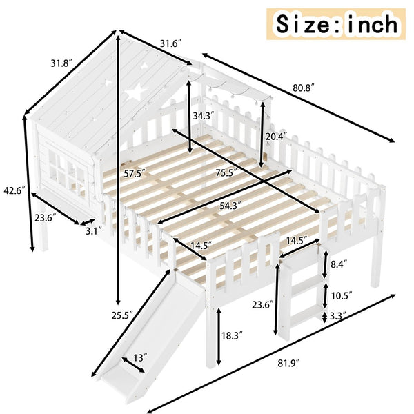 English Elm Twin Playhouse Loft Bed Solid Pine Frame with Slide Led Lights and Star Roof White W5316S00004