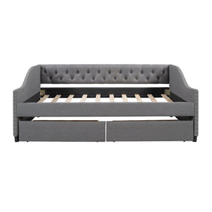 English Elm Upholstered Full Daybed with Linen Tufted Back Rivet Arms and Two Storage Drawers LP002111AAE