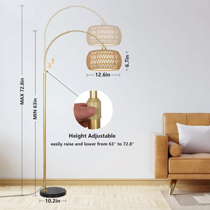 English Elm Gold Boho Floor Lamp with Remote Dimmable LED, Dual Rattan & Fabric Shades, Adjustable Arc Light Brown+Black W2738P185418