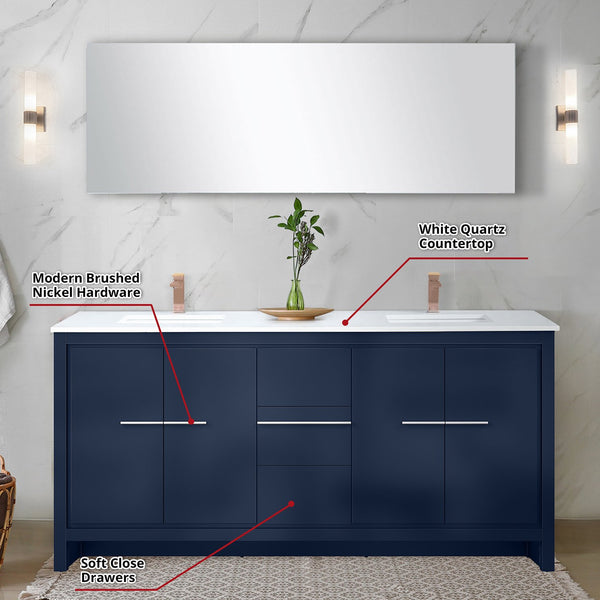 English Elm Navy Blue Double Bath Vanity Set With White Quartz Top, Rose Gold Faucets & 70” Mirror For Elegance B2731S01744