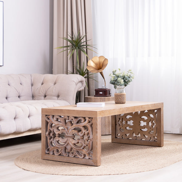 English Elm 47.2" Rustic Carved Wood Coffee Table with Ornate Cut-Out Panels, Natural Finish, Farmhouse Chic W2729P298156