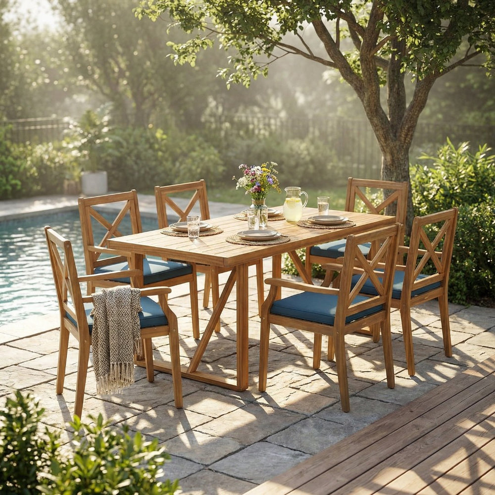 English Elm 7 Piece Acacia Wood Outdoor Dining Set Teak Finish Six High Back Chairs Patio N762S000043AAC