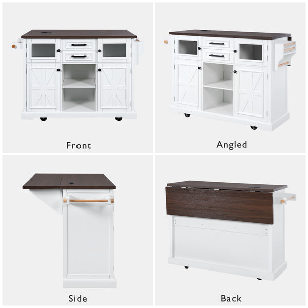 English Elm K&K 54.9" Farmhouse Kitchen Island Cart with Drop Leaf, Charging Station, Barn Doors & Glass Pane White N707P300277W