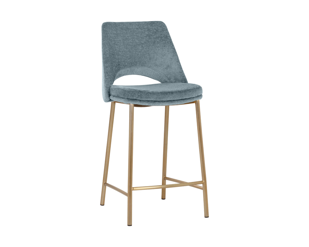 Sunpan Radella Counter Stool - Contemporary Design with Antique Brass Base and Stylish Cutout Backrest Bergen French Blue