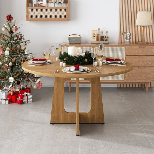 English Elm Round Farmhouse Dining Table Seats Four with Warm Oak Grain Finish for Kitchen Nook W2700P415283