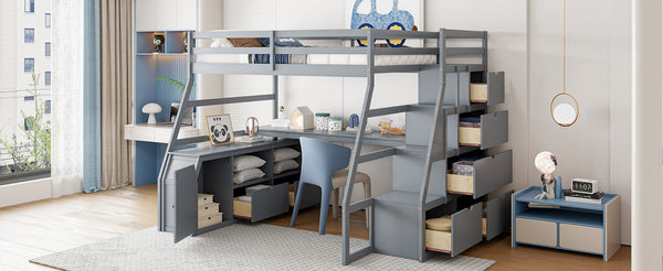 English Elm Full Size Kids Loft Bed with Integrated Desk Seven Drawers and Open Shelving Gray LT000649AAE-1