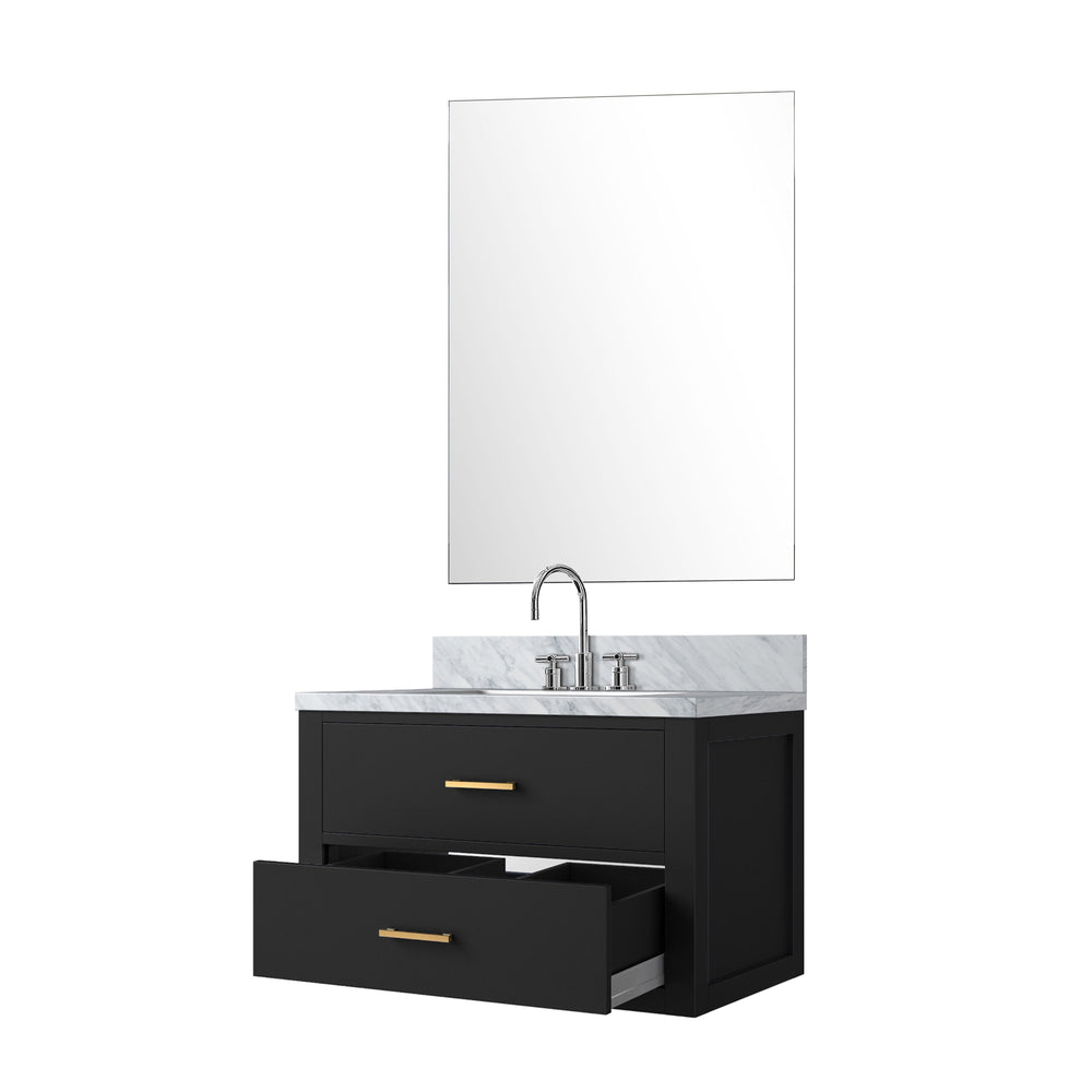 English Elm Black Single-Sink Vanity Set With Carrara Marble Countertop, Mirror & Faucet – Elegant Bathroom Upgrade B2731S01978