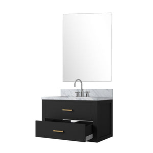 English Elm Black Single-Sink Vanity Set With Carrara Marble Countertop, Mirror & Faucet – Elegant Bathroom Upgrade B2731S01978