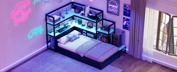 English Elm Twin Gaming Daybed with Led Strips Desk Pegboard Bookcase and Three Storage Drawers Black+Blue N820S00083C