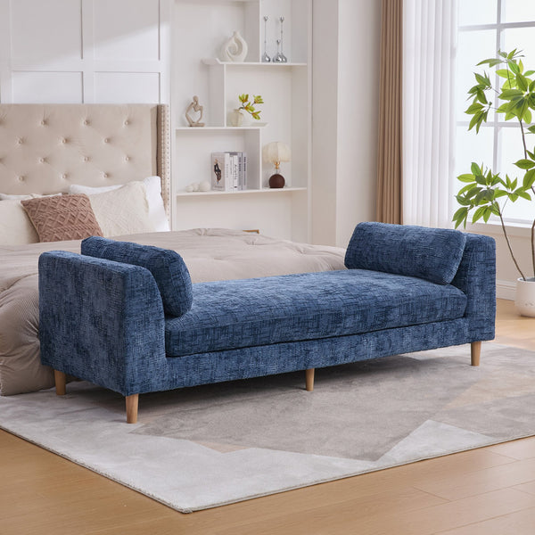 English Elm 83.1"Wide Plush Upholstered End-of-Bed Bench with Armrests, Chenille Seat, Rubberwood Legs, 2 Bolsters Blue W3098S00037