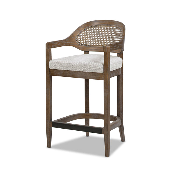English Elm Jennifer Taylor Home - Americana Mid-Century 26" Cane Back Counter Stool — Handmade Oak Frame, Two-Tone Gray Wool Blend, Brass Footrest B2719P395564