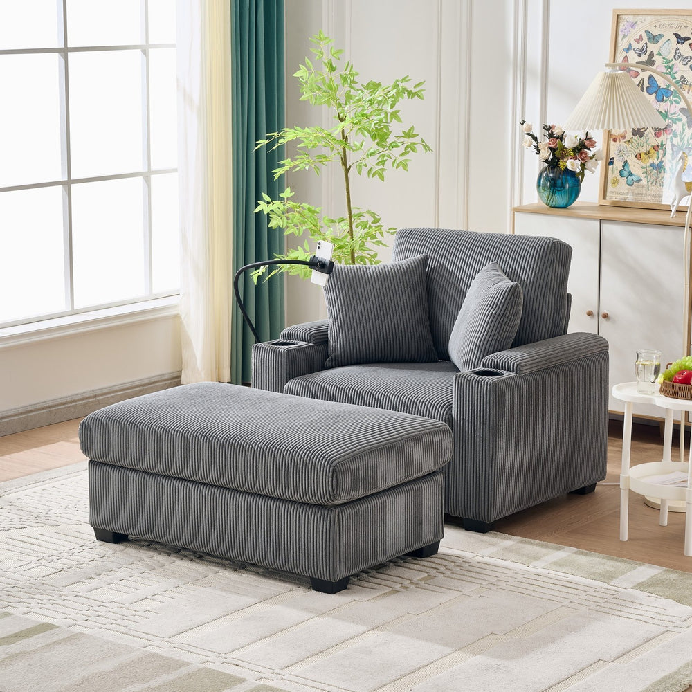 English Elm 55" Oversized Chaise Lounge Chair With Ottoman & Storage - Comfy Velvet Recliner With Usb Port & Cup Holder W3373P330166