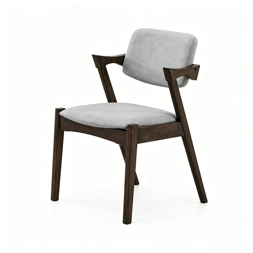English Elm Set of 2 Gray Upholstered Mid-century Arm Chairs with Rubberwood Frame Open Back B2770P508245