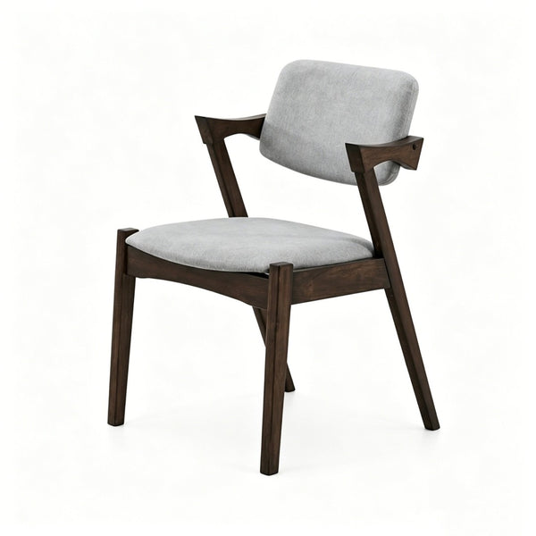 English Elm Set of 2 Gray Upholstered Mid-century Arm Chairs with Rubberwood Frame Open Back B2770P508245