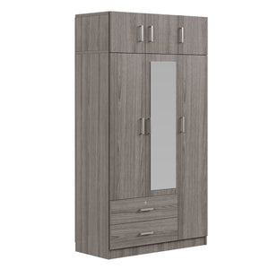 English Elm 3-door Mirrored Wardrobe with Full Length Dressing Mirror Drawers and Top Cabinet Gray LP006005AAE