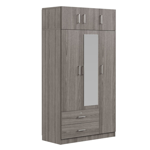 English Elm 3-door Mirrored Wardrobe with Full Length Dressing Mirror Drawers and Top Cabinet Gray LP006005AAE