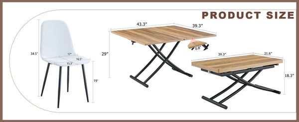 English Elm Table and Chair Set Adjustable Height Mdf Wood Grain Top with Four Linen Dining Chairs W1151S03771