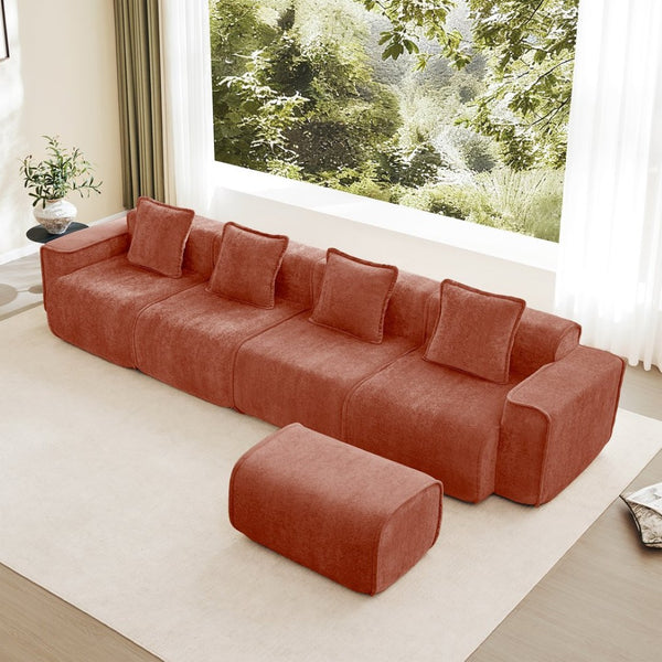 English Elm Streamlined Modular L-shaped Sectional Velvet Sofa with Ottoman and Tailored Piping Detail Red W3041S00362