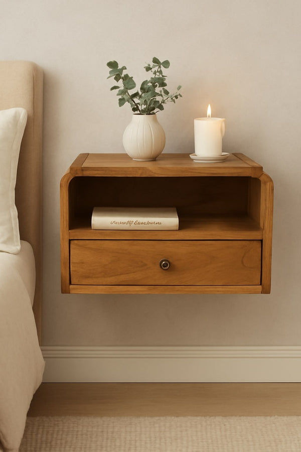 English Elm Artisan Furniture Mango Wood Floating Bedside Shelf Amber Oak Finish Handcrafted Beige B182P436012