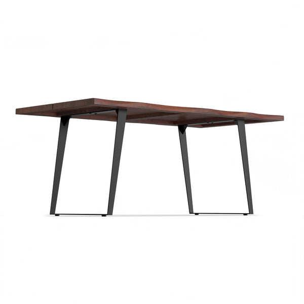 English Elm Delta Delta Dining Table handcrafted solid acacia wood 72"x36" live edge top with black iron legs durable finish Walnut B136P203497