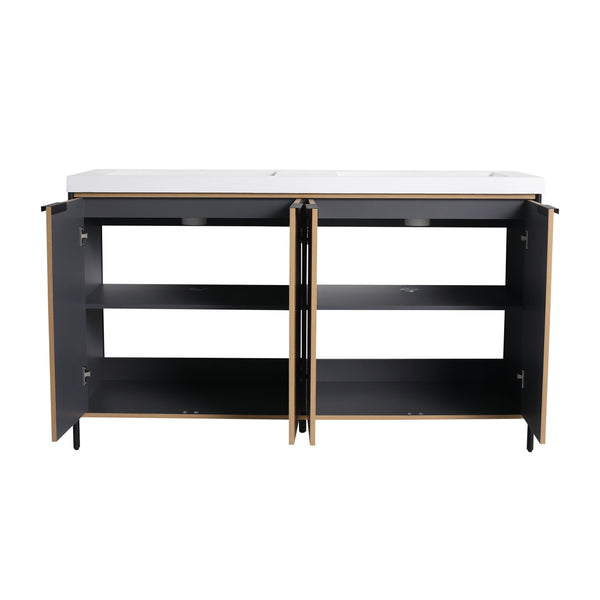English Elm 60" Freestanding Bathroom Vanity with Double Resin Sink, Soft-Close Doors, Adjustable Shelves, Water-Resistant Finish W999S00383