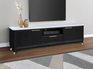 English Elm 1pc Modern Luxury Fluted Wood Facade TV Stand with Faux Marble Top, Brass Accents & Tapered Legs Black,White 20.25 L x 87 W x 24 H B2741P366757