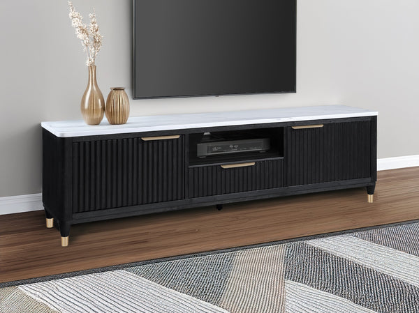 English Elm 1pc Modern Luxury Fluted Wood Facade TV Stand with Faux Marble Top, Brass Accents & Tapered Legs Black,White 20.25 L x 87 W x 24 H B2741P366757