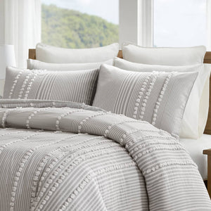 English Elm 3-piece Cotton Yarn Dyed Duvet Cover Set with Jacquard Pompom Stripe Bedding Grey B035P482894