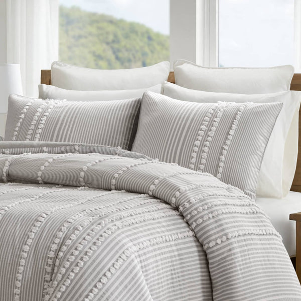 English Elm 3-piece Cotton Yarn Dyed Duvet Cover Set with Jacquard Pompom Stripe Bedding Grey B035P482894